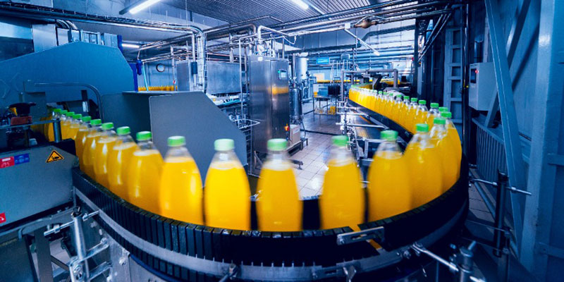 Conveyor Belt With Bottles in Beverage Factory