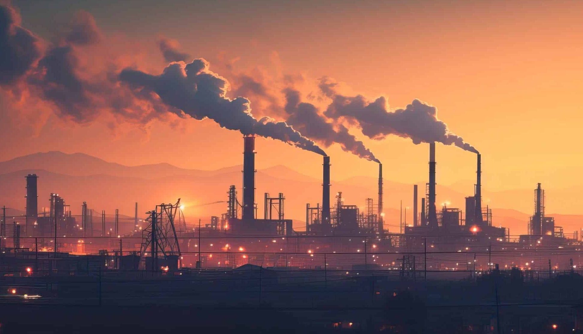 Aerial View of Factory at Dusk